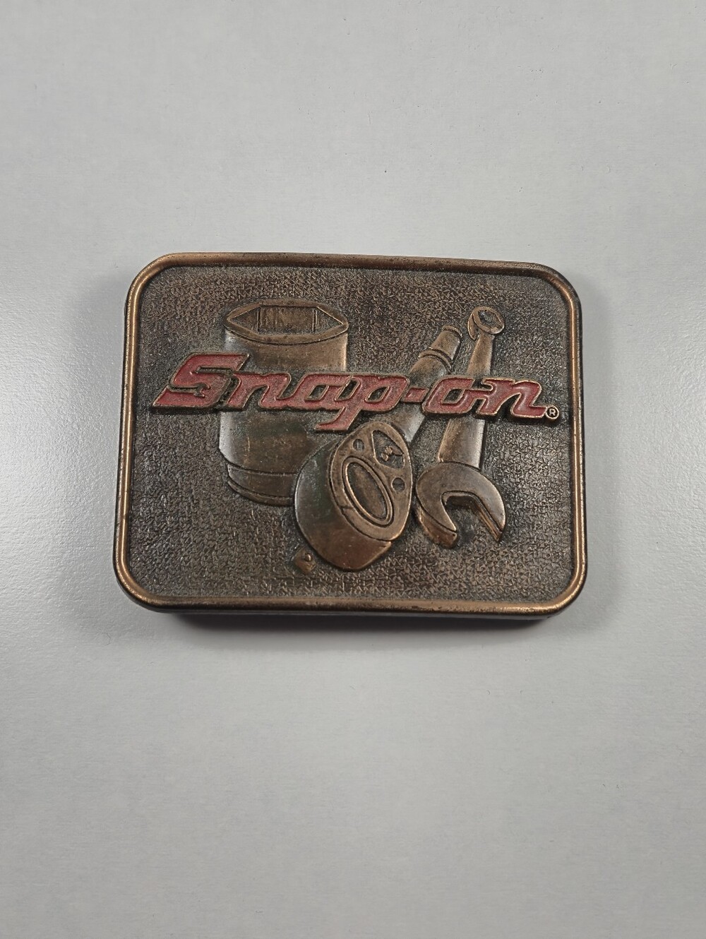 Vintage Snap-on Tools Belt Buckle Mechanic Wrench Ratchet Red Logo Madein Canada